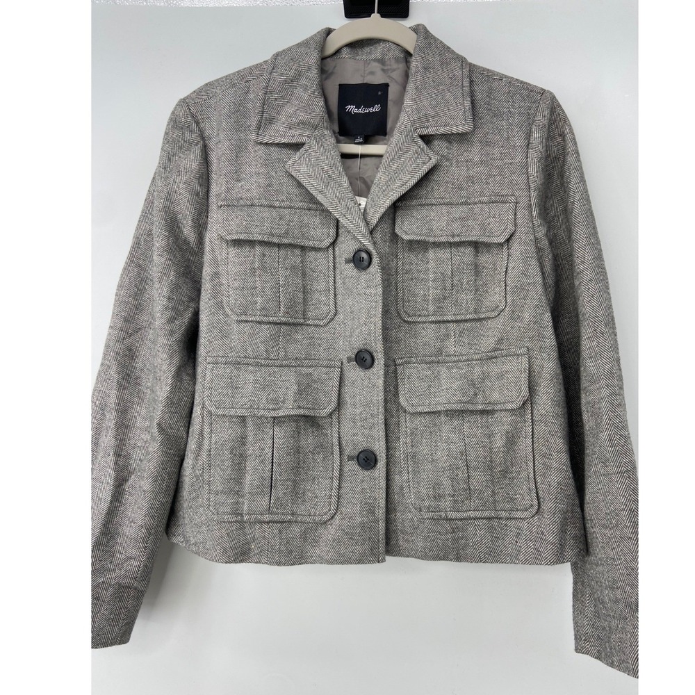 Madewell Jacket Women 6 Gray Herringbone Flap Pocket Field Academic Career Crop